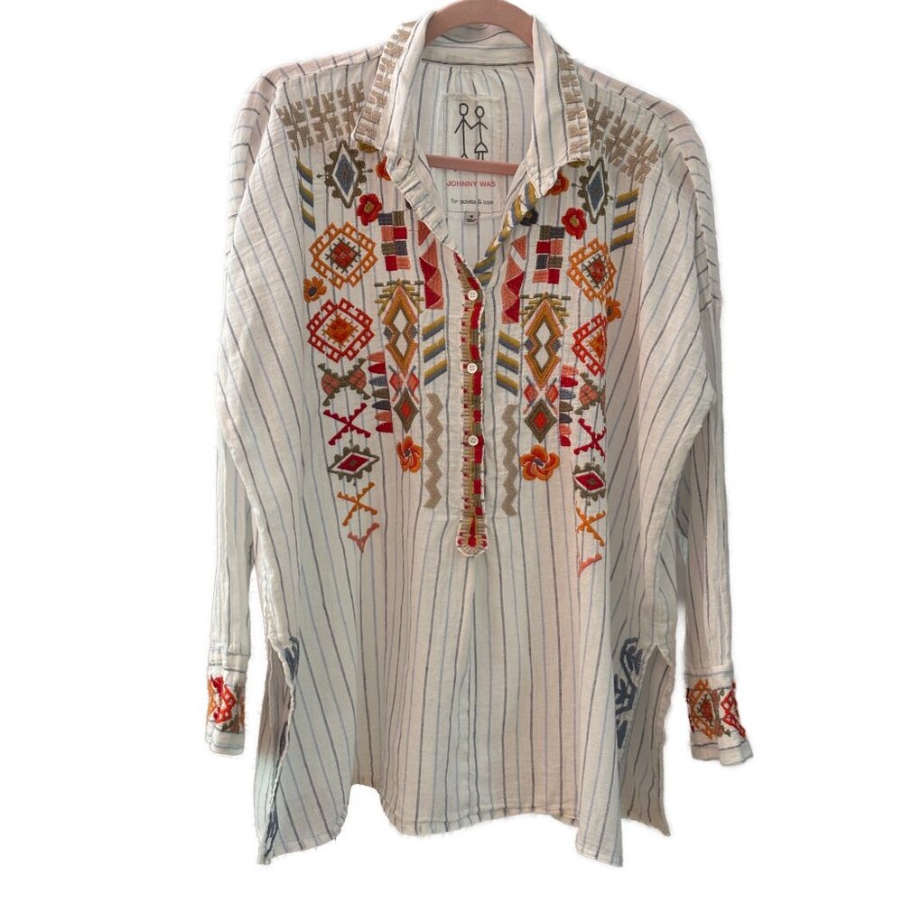 Johnny Was Clapton Stripe Linen Blend Blouse Tunic
